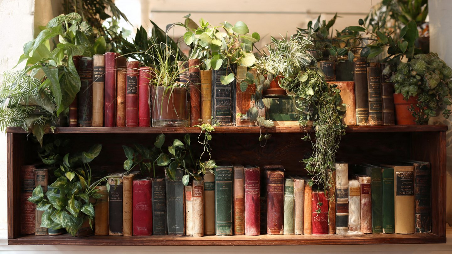How Can You Create a Captivating Shelf Display by Combining Books and Plants?